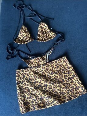 iHeartRaves Leopard Print Bikini Top and Mini Skirt Set - Brown & Black